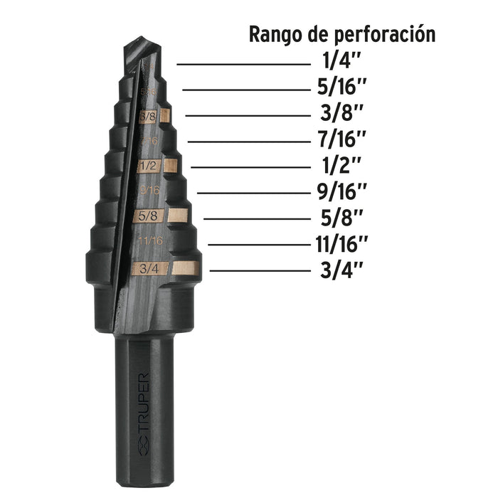 Broca escalonada óxido negro 9 escalones 1/4" a 3/4"