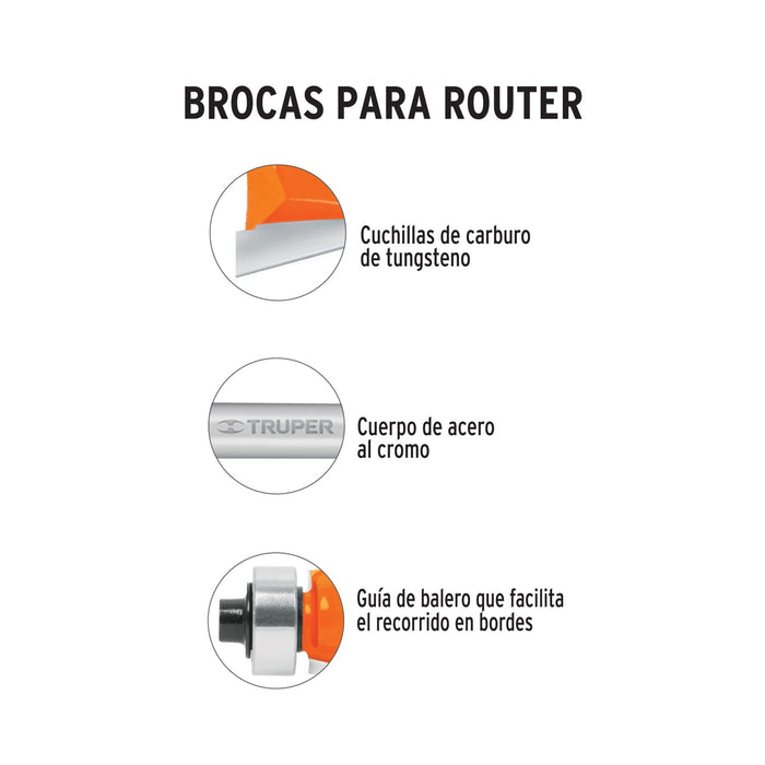 Broca para router, redondeado con moldura, 11/4" con balero