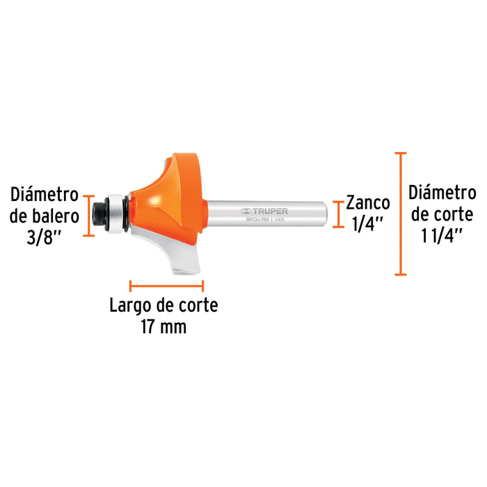 Broca para router, redondeado con moldura, 11/4" con balero