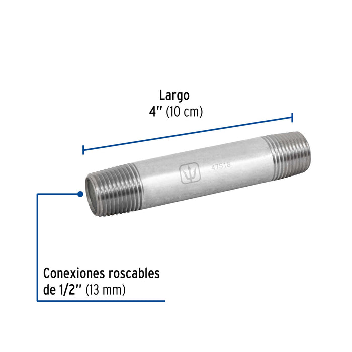 Bolsa con 10 Niple de acero galvanizado 1/2" x 4"