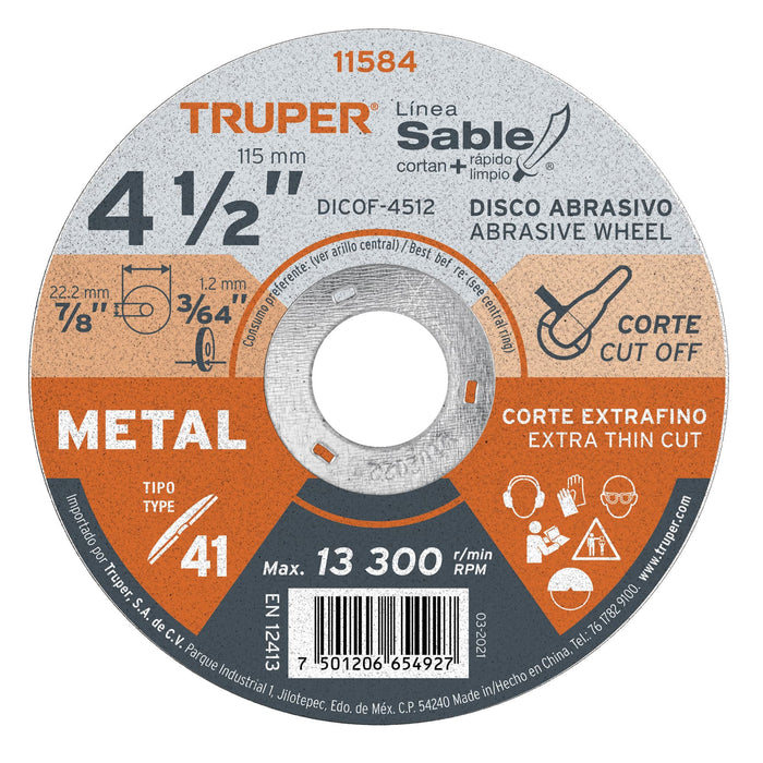 Caja con 10 Disco-Tipo-41-de-4-1/2"-x-1.2-mm-corte-fino-de-metalSable