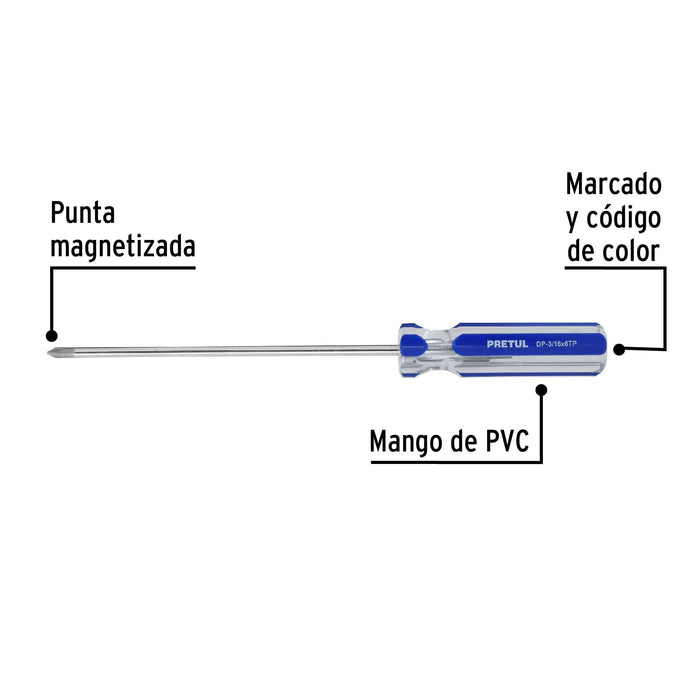 Desarmador de cruz 3/16 x 6" mango de PVC