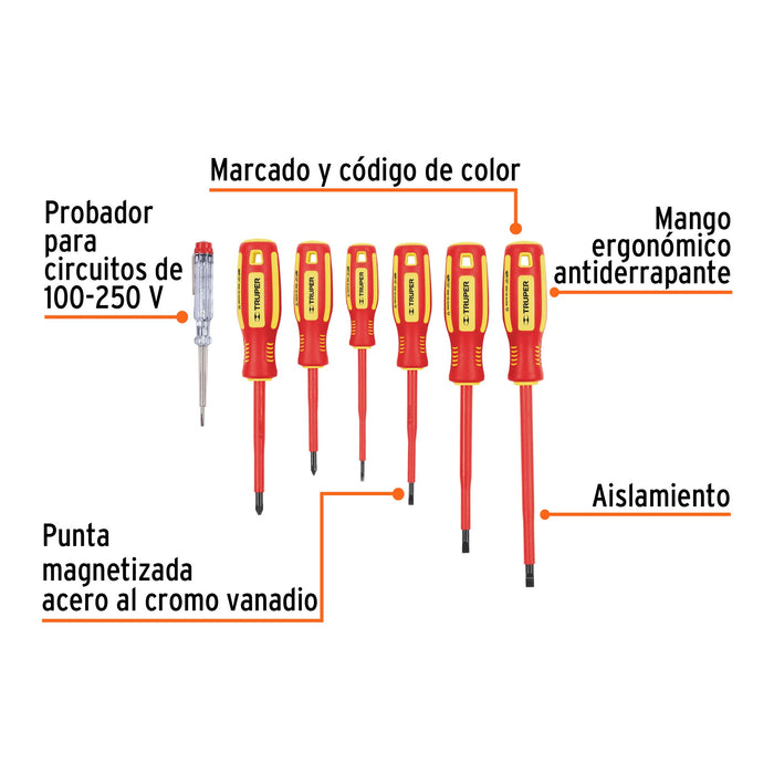 Juego 6 desarmadores dieléctricos y 1 probador de corriente