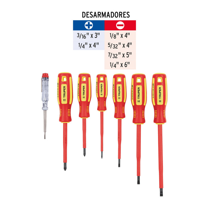 Juego 6 desarmadores dieléctricos y 1 probador de corriente