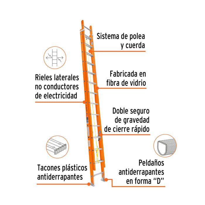 Escalera de extensión, tipo II, 20 peldaños, fibra de vidrio