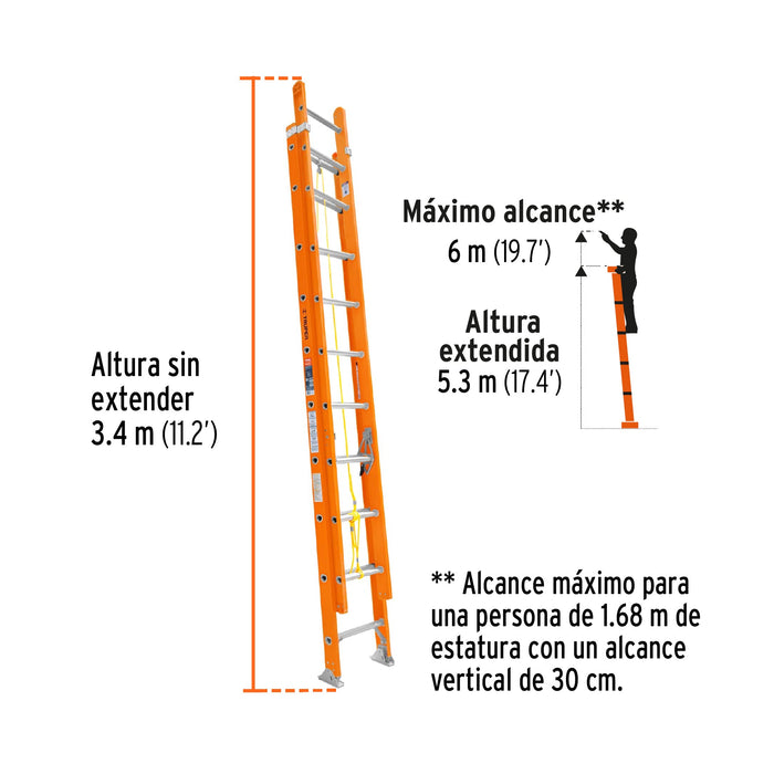 Escalera de extensión, tipo II, 20 peldaños, fibra de vidrio