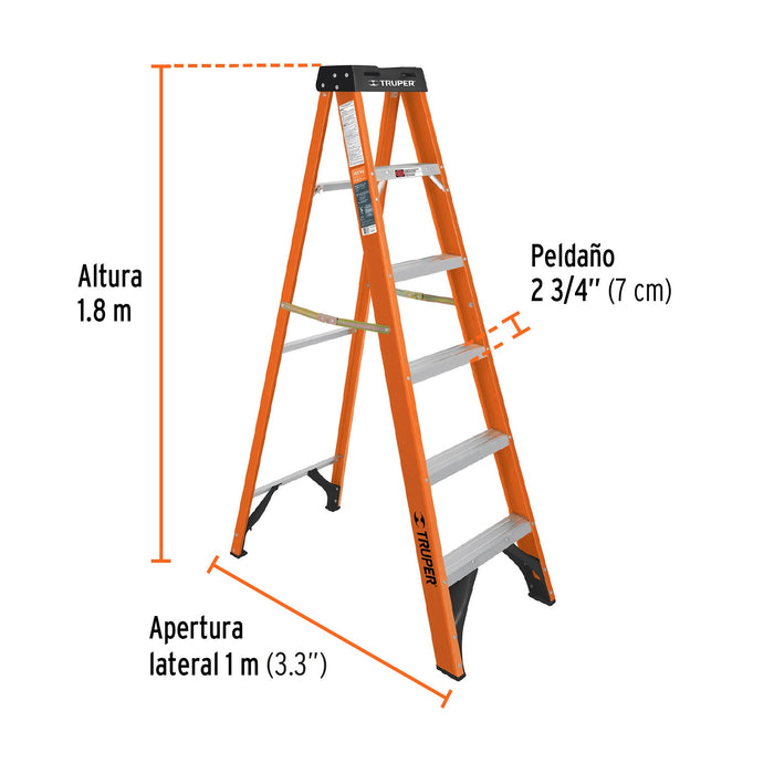 Escalera de tijera, tipo ll, 5 peldaños, fibra de vidrio