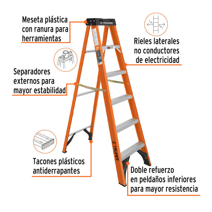 Escalera de tijera, tipo ll, 5 peldaños, fibra de vidrio