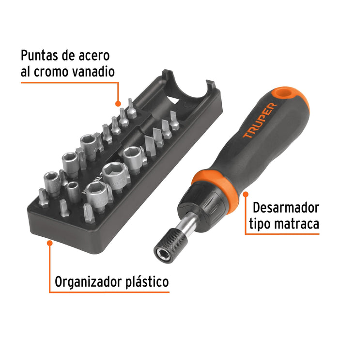 Desarmador tipo matraca con 17 puntas y 7 dados