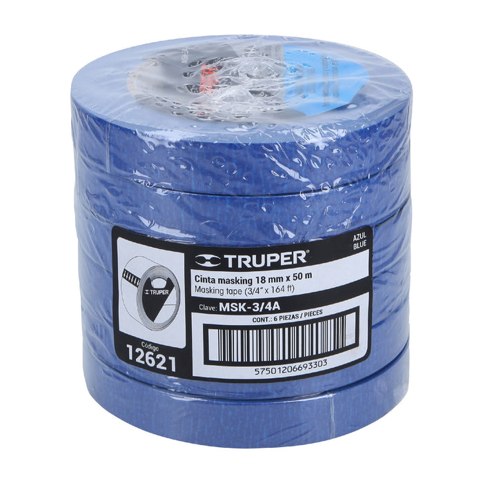 Bolsa con 6 Cinta masking tape azul de 3/4" x150 ft
