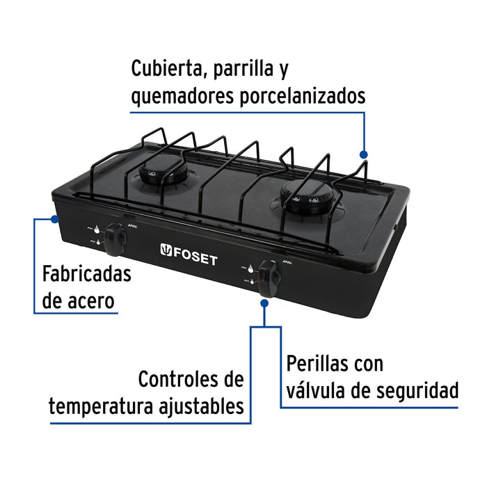 Parrilla de gas de sobreponer 2 quemadores, negra